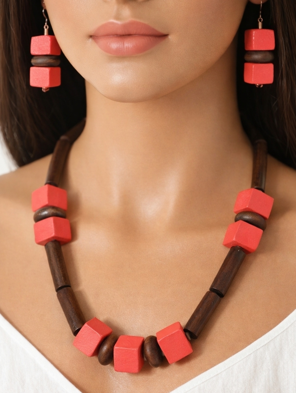 Pink Wooden Blocks, Brown Tubes & Beads Long Necklace with Matching Earrings